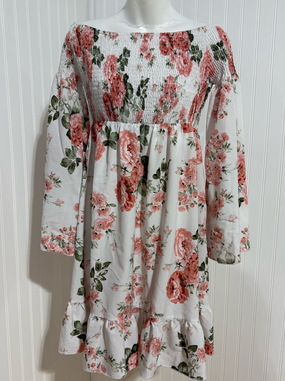 Girls White Floral Smocked Long-Sleeve Dress